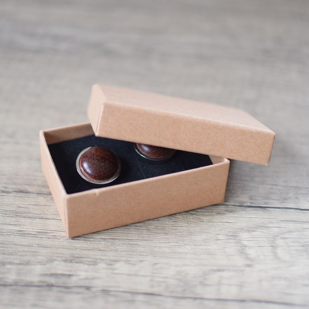Rosewood stainless steel cufflinks shown in a simple eco-conscious gift box