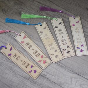 Laser engraved and hand painted bookmarks with colourful tassels