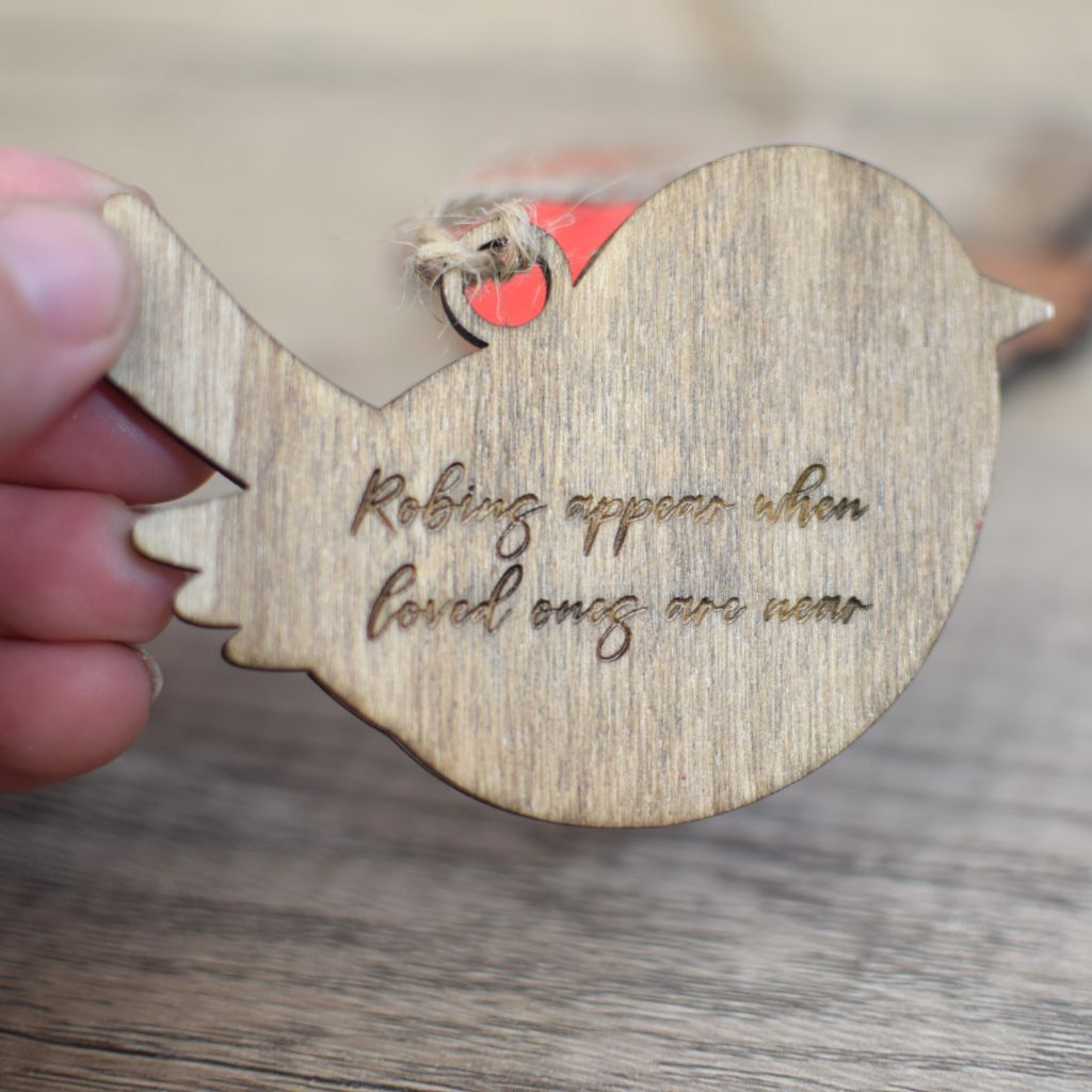 Wooden robin hanging decoration message on back "Robins appear when loved ones are near"