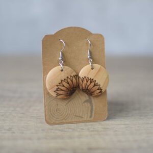 Sunflower design pyrography drop earrings