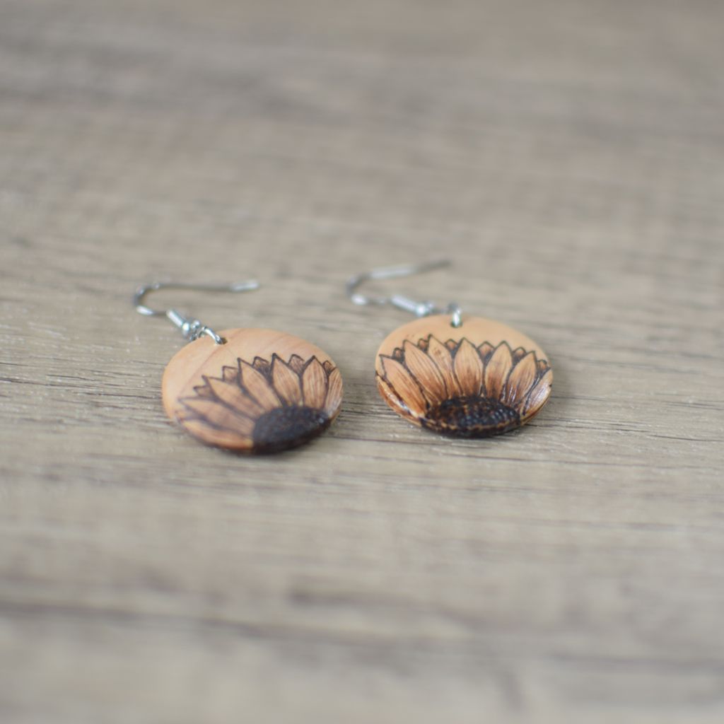 sunflower earrings with surgical steel hooks and sunflower design