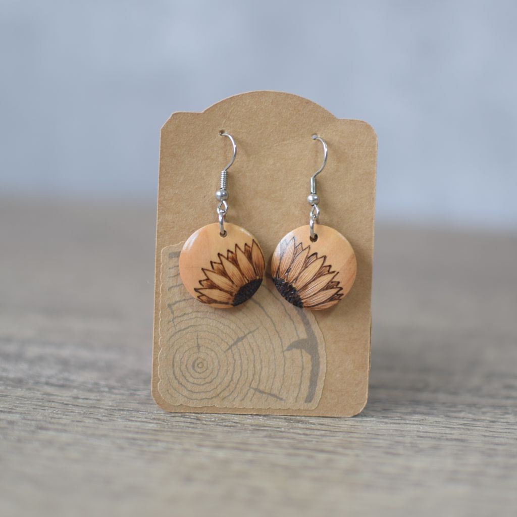 wooden sunflower earrings with a sunflower design