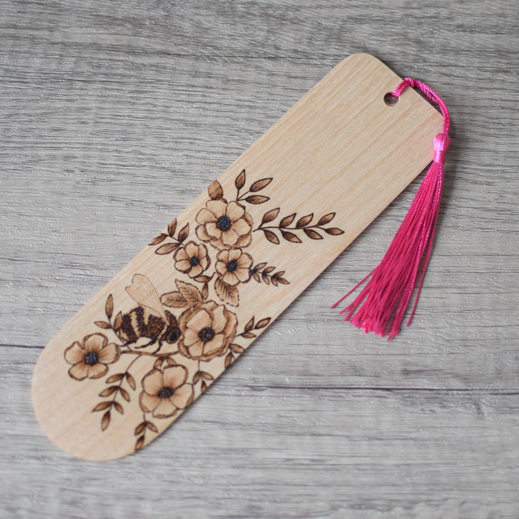 wooden bookmark with a bee hand burnt pyrography design