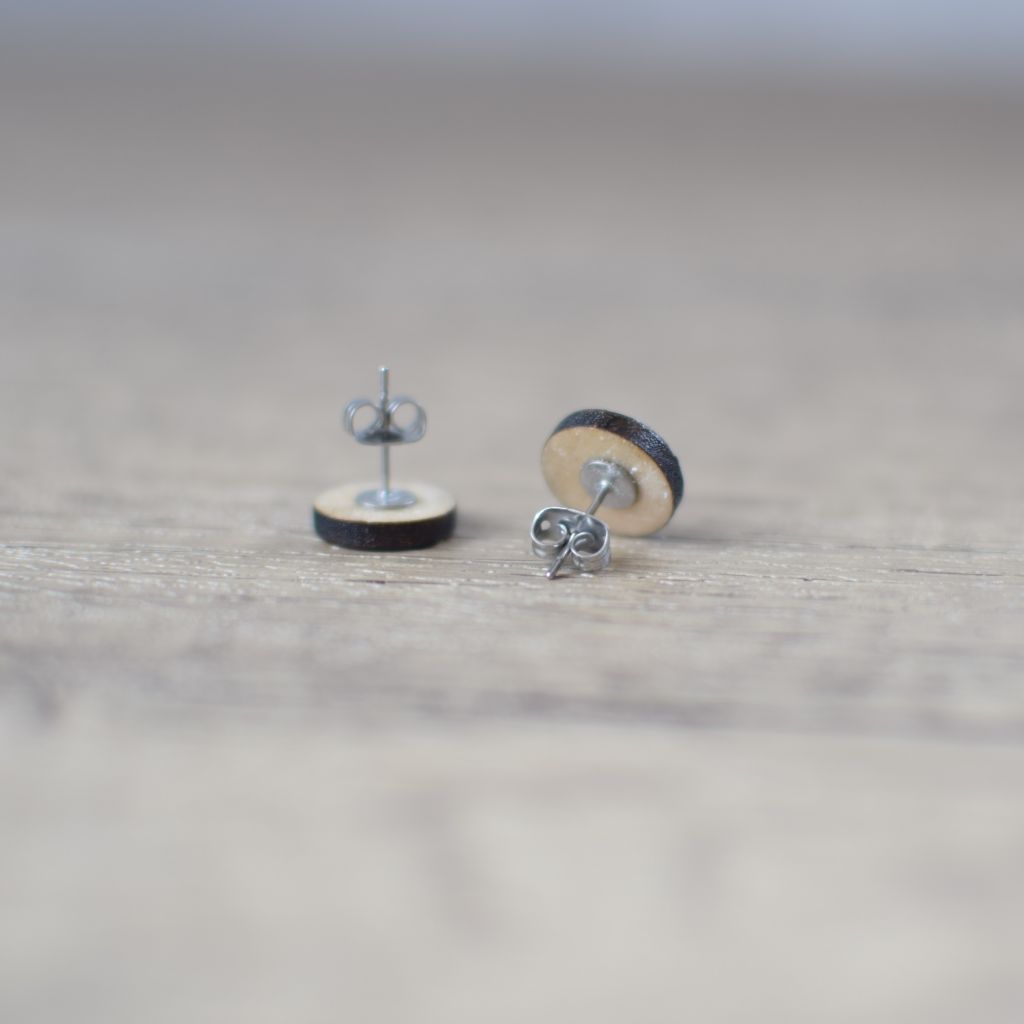 photo showing the back of the wooden earrings. Surgical stainless steel posts and scrolls backs