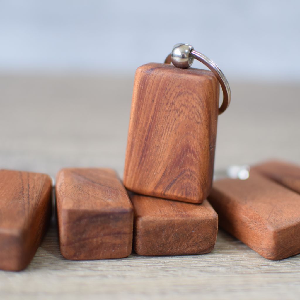 example of the chunky Sapele keyring with chromed bead style keyring