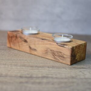 photo showing a wooden tealight holder with two glass inserts