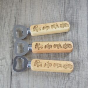 photo showing three wooden laser engraved bottle openers. Each bottle open has four tractors in various styles of classic tractor