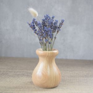 a small wooden vase for dried flowers and everlasting flowers. picture shows dried lavender from my garden displayed in the vase