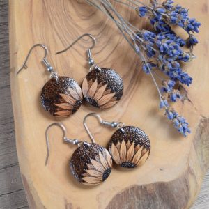Sunflower Pyrography Earrings - Dark