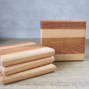 Hardwood coasters made from five sections of hardwood.